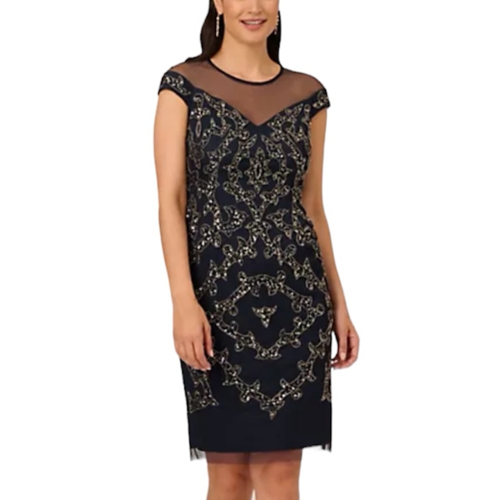ADRIANNA PAPELL Silver Beaded Illusion Yoke Sheath Cocktail Dress Navy Blue NWT